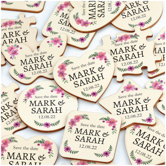 Save The Date Magnet - Personalised Rustic Wood Magnets Floral Dates Hearts Butterfly Jigsaw Round