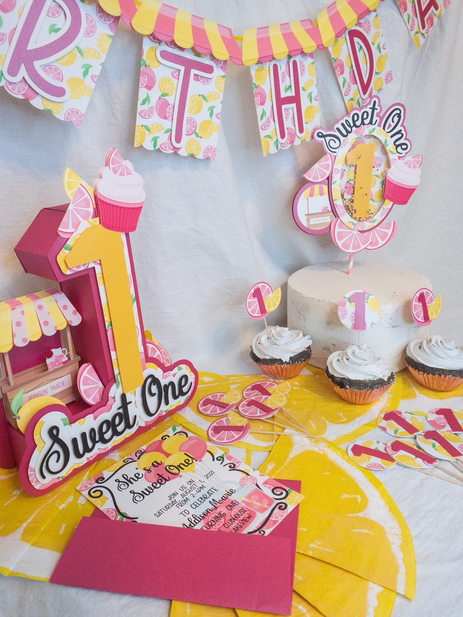 Sweet One Pink Lemonade Birthday Party Decor - First Banner, Cake Topper, Cupcake Centerpiece Can Be Customized