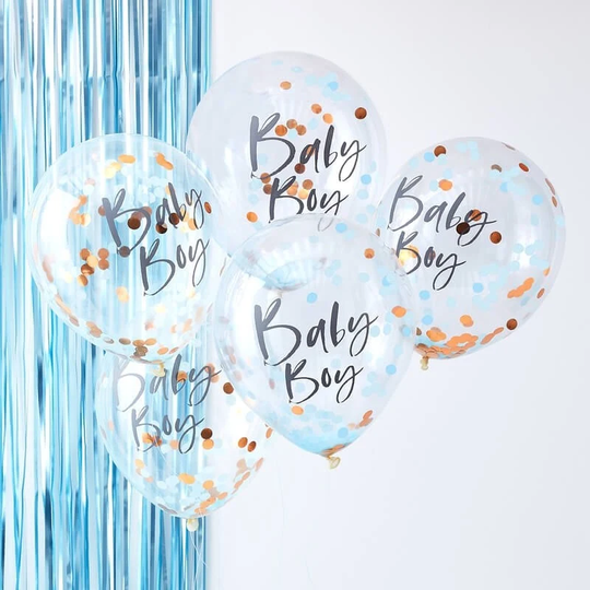 5 Rose Gold Blue Baby Boy Balloons, Confetti Shower Decor, Gender Reveal, Party Balloons Decoration