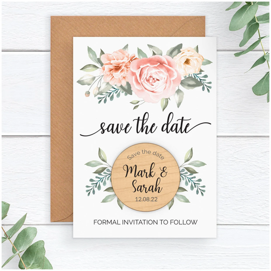 Pink Roses Spring Summer Wedding Save The Date Magnets - Personalised Floral Rustic Wood Fridge Ideas