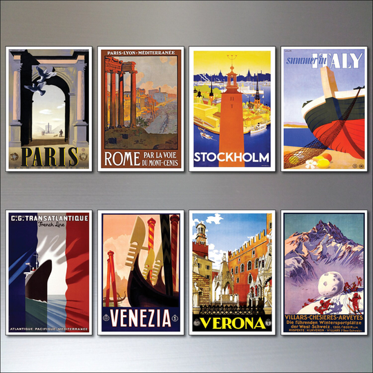 8 Vintage Travel Posters Fridge Magnets From Art Deco Design - Retro Repro No.4