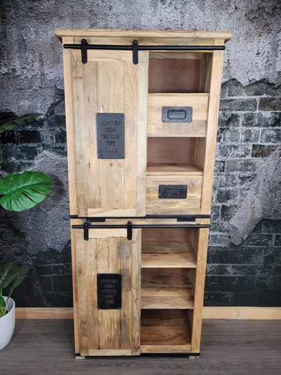 Mango Wood & Iron Tall Cabinet/Drink Wine Bar Large Industrial Unit With Shelving & Drawer Storage