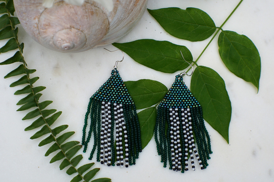 Chandelier, Fringe, Woven Seed Bead Earrings in Greens