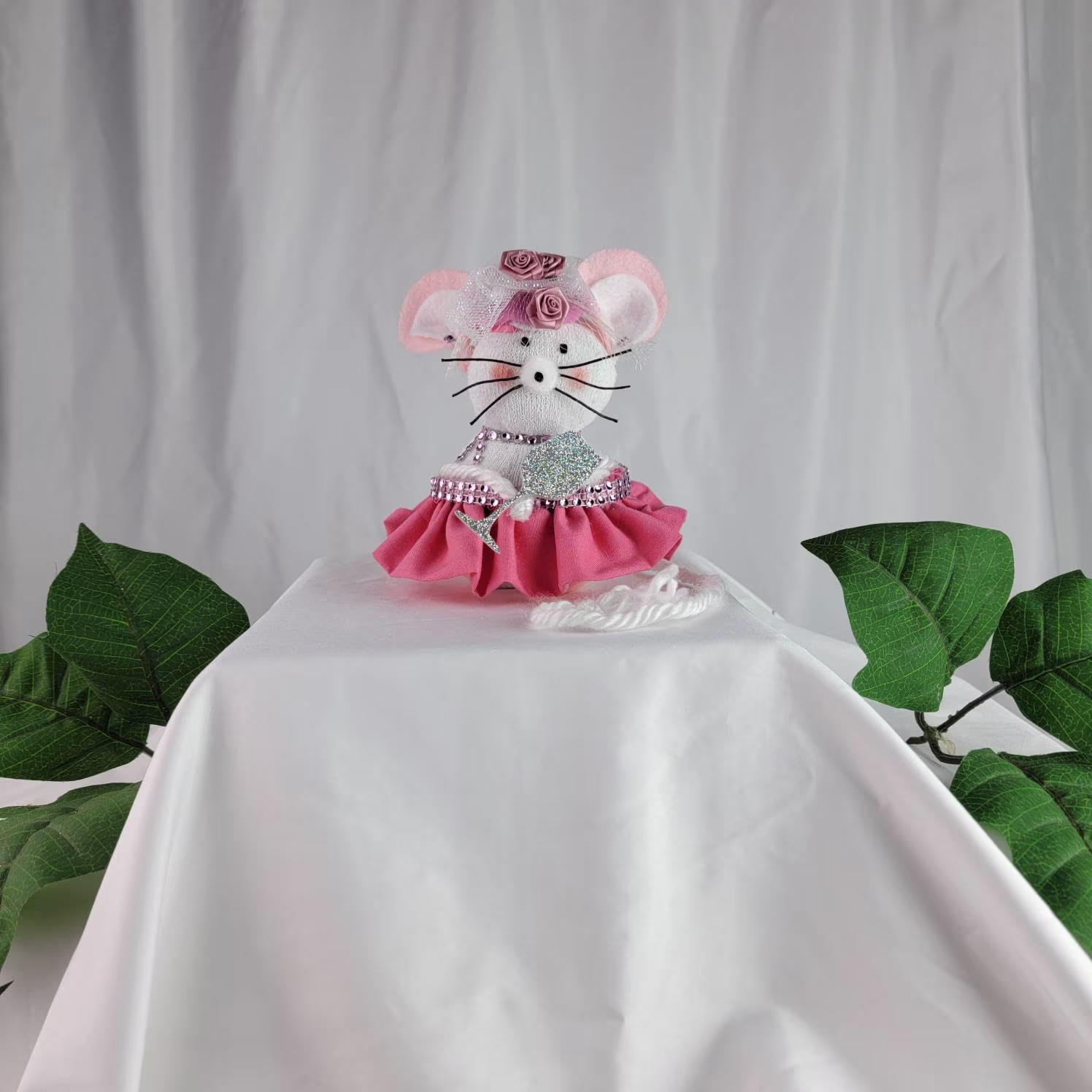 Ladies To Lunch - Dapper Day Sock Mouse, Vintage Pink Fascinator Hat, Wine Glass Mouse Lover, Hand Crafted