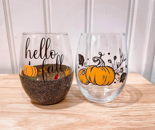 Fall Wine Glasses - Hello Half Glitter & Pumpkin Glass