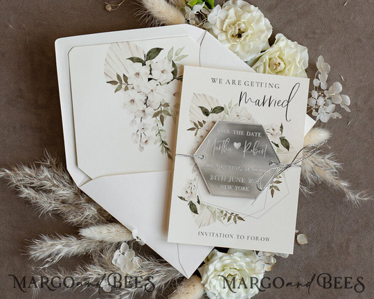 Personalised Ivory Silver Acrylic Hexagon Save The Date Magnet & Card Wedding The Dates Plexi Magnets Boho Save Our Date