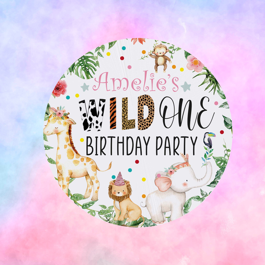 Wild One Birthday Party Stickers Personalised Girls' Jungle - Thank You, Happy My Gift Bags