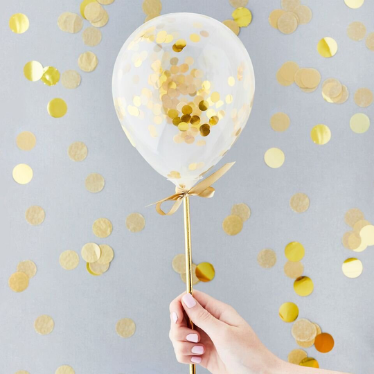 5 Mini Gold Confetti Balloons, Wand Neutral Baby Shower, Hen Party, Wedding Balloons