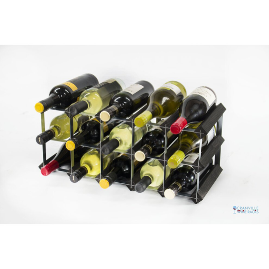 Classic 15 bottle black stained wood and galvanised metal wine rack ready assembled