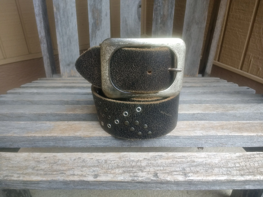 Vintage Belt Shak Women's Brown Distressed Leather Rivet & Stud With Silver Buckle Hole Length 35" To 40