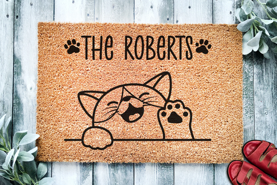 Happy Waving Cute Cat Personalized Doormat | Adorable Custom Welcome Mat Housewarming Last Name Closing Gift