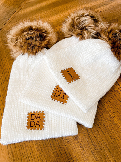 White Mama, Dada, & Mini Beanies, Family Outfits, Matching Hats, Winter Toques, Fall, Knitted Mommy & Me, Daddy Me
