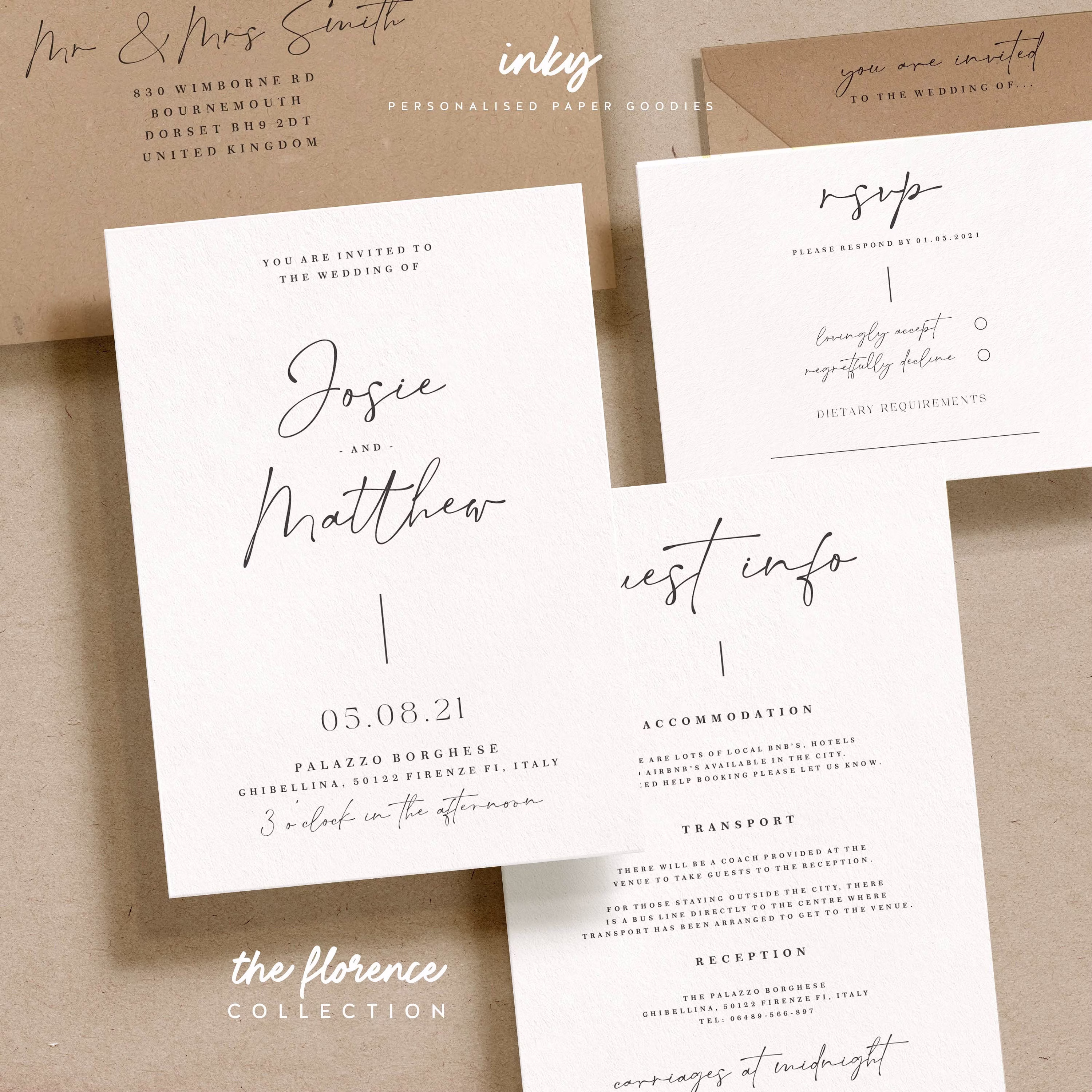 Wedding Invitation Set, Simple Invite Modern Invitation, Invites, Postcard Invite, Stationery, Florence