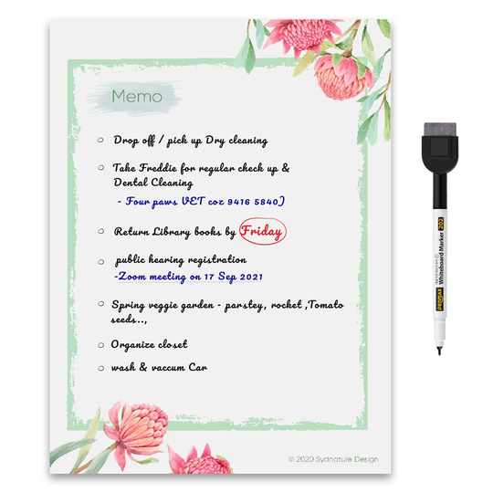 Stick-On Magic Sticker Non-Magnetic Dry Erase Wall Note, Watercolour Botanical Aussie Design, Self-Adhesive Planner For Fridge, Window