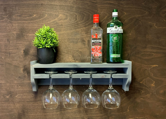 Grey Rustic Wooden Gin Shelf To Hold 4 Glasses/Bottles - Wall Mounted Display Bar | Gs-Gr | Em