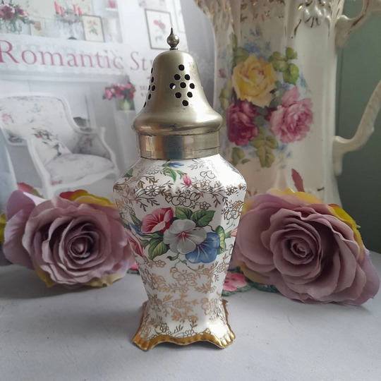 Pretty Floral Sugar Shaker, Pink Roses & Gold Chintz Muffineer By Old Foley James Kent Ltd Convolvulus 5019, Vintage Kitchen