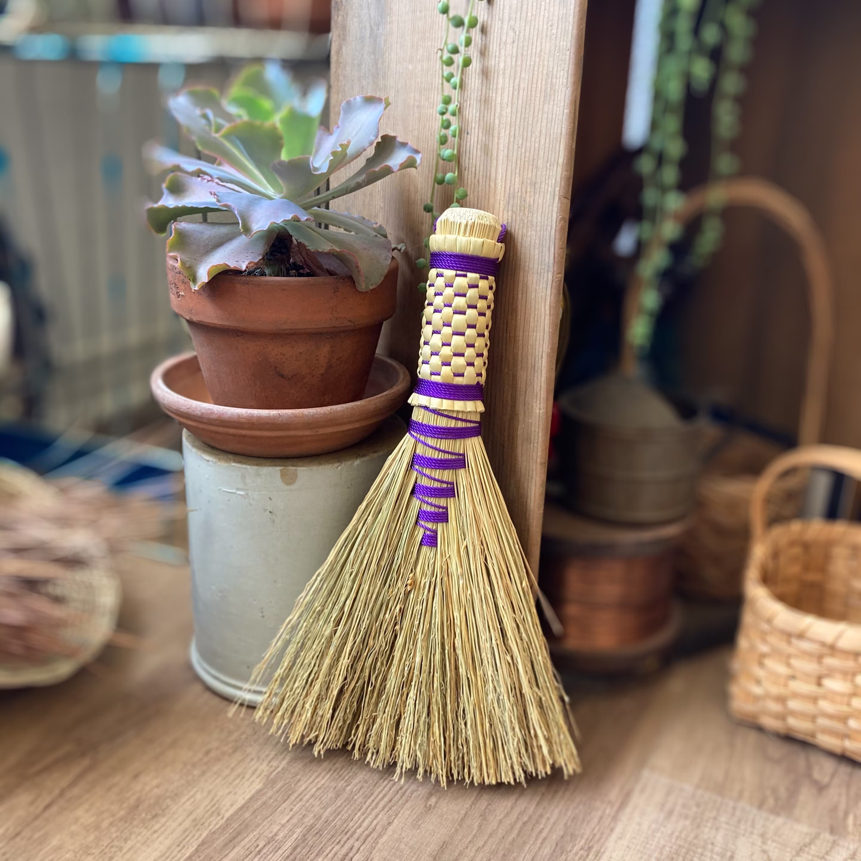 Hawk's Tail Hand Whisk Broom, Purple Woven Handle