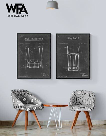 Framed Cocktail Blue Prints, Bar Decor Line Art Oversized Wall Art, Drawings Large White Lines
