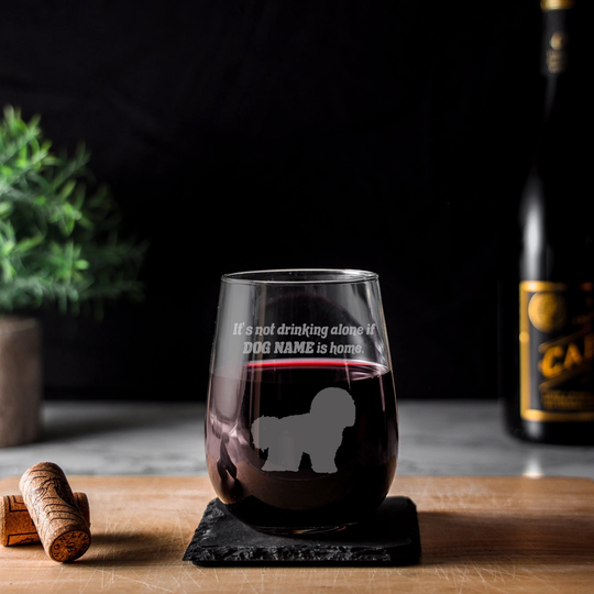 Engraved Stemless Wine Glass | Personalised Bichon Frise Name On Dog Lover Owner Of Gift From The New Puppy