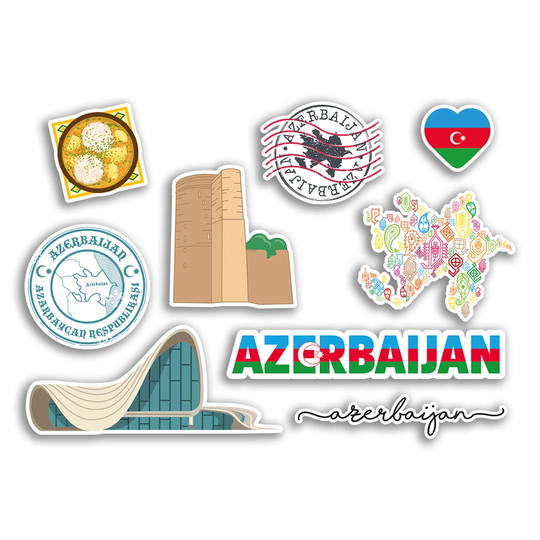 A5 Sticker Sheet Azerbaijan Landmarks Vinyl Stickers - Country Map Airport Stamps Skyline Flag Travel Holiday City Aesthetic #77534