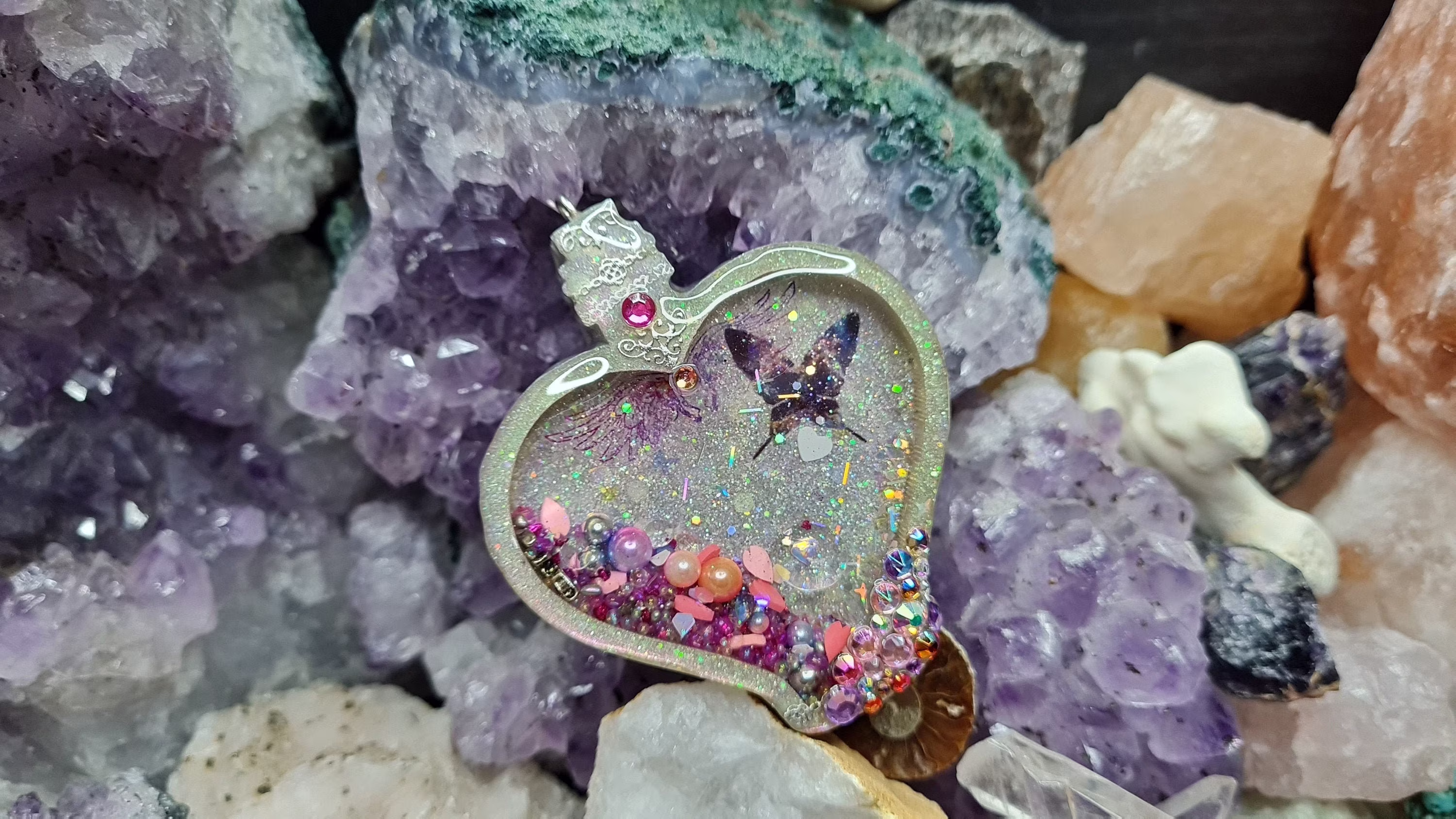 Glamour Butterfly Fragrance Bottle Snowglobe Keyring, Necklace, Pendant