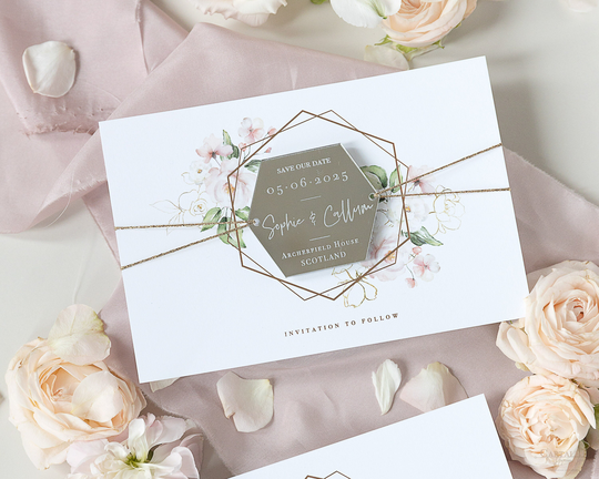 Magnet Save The Date in Rose Gold Foil - Luxury Mirror Plexi Acrylic Hexagon, The Date Cards, Floral Blush Watercolor Design + Envelope