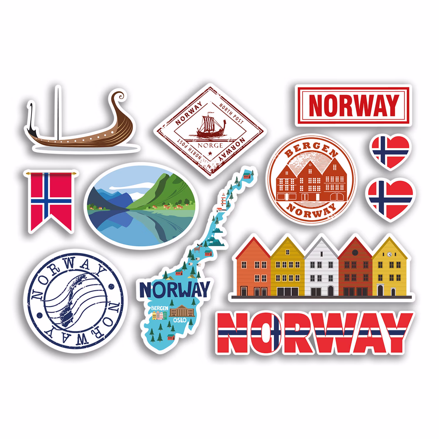 A5 Sticker Sheet Norway Landmarks Vinyl Stickers - Norwegian Map Airport Stamps Skyline Flag Travel Holiday Culture City Aesthetic #78471