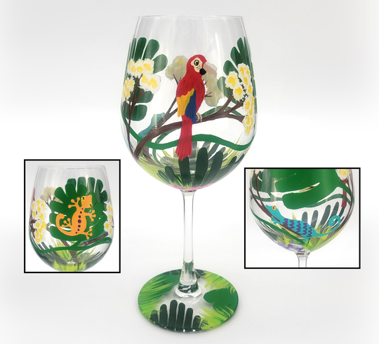 Tropical Theme Wine Glass - Hand Painted Parrot, Gecko, Lizard, Flowers, Greenery, Paradise Stemmed