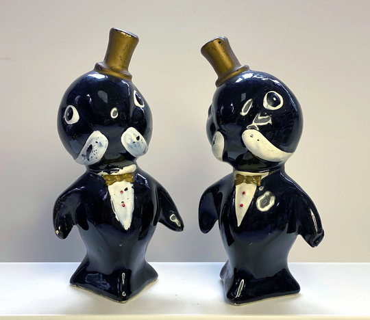 Vintage Mid Century Walrus's in Tuxedos & Wearing Gold Top Hats. Rare & Unusual
