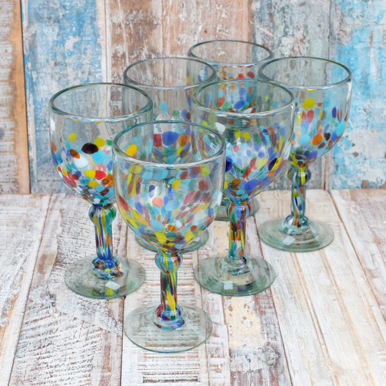 Mexican Recycled Blue Confetti Wine Glasses X 6