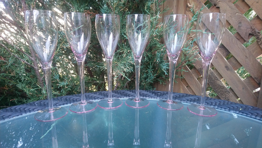 Set Of Six Long Stemmed Dusty Rose Liqueur Glasses, Drinking Barware Pink Stemware Shot Aperitif Glasses
