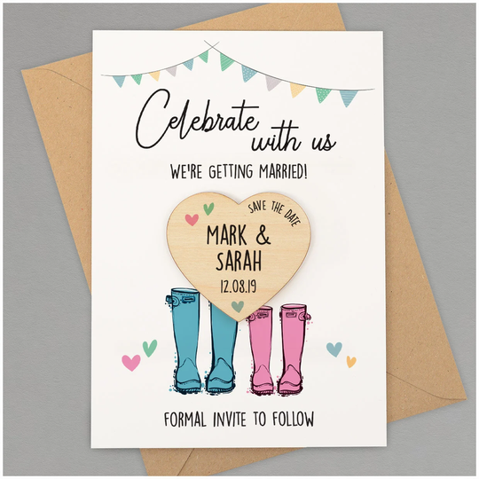 Welly Boots Save The Date Magnet Card - Personalised Wellie Wooden Heart Magnets Modern Wedding Cards