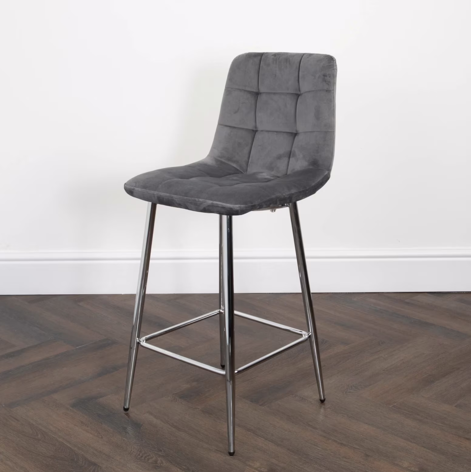 Grey Kitchen Bar Stools Squared Design Polyester Velvet Metal Base Breakfast Worktop Chair