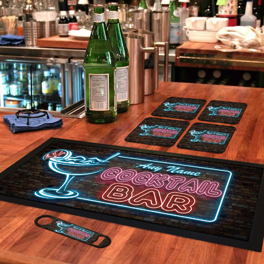 Personalised Neon Sign Bar Runner Mat, Matching Bottle Opener & 4 X Drinks Coasters Gift Set|Accessories For Home Bars|Nbrs-099|Add Any Name