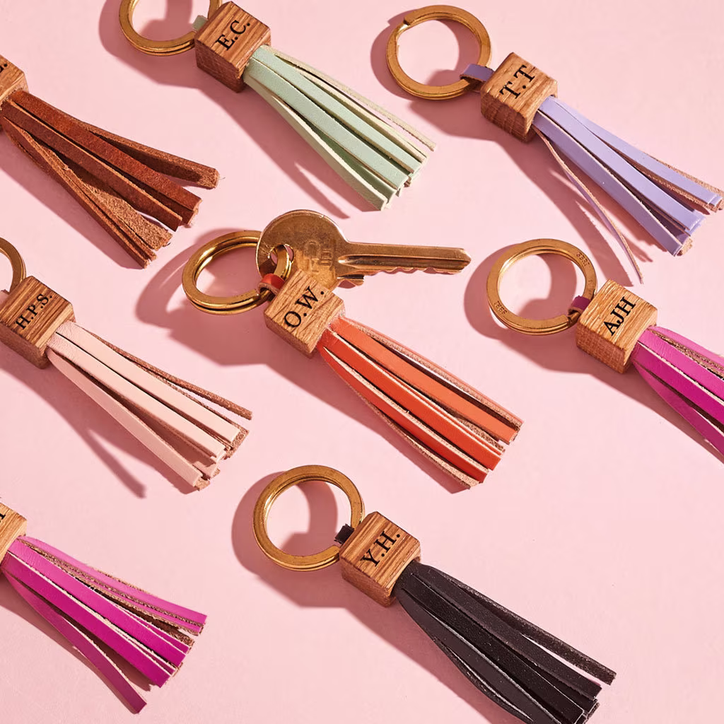 Personalised Leather Tassel Keyring/Keychain Bag Charm, Engraved Initials Mint, Pink, Black, Orange, Tan, Leopard Christmas Gift