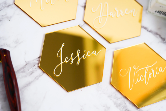 Calligraphy/Handwritten Hexagon Gold Or Rose Acrylic/Perspex Wedding/Event Place Cards, Name Cards in Modern Calligraphy
