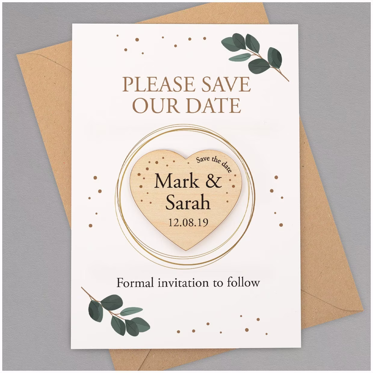 Eucalpytus Save The Date Magnets - Personalised Rustic Wooden Heart Fridge Magnet Spring Summer Wreath Cards