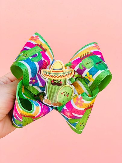 Large Fiesta Cactus Bow One Of A Kind Boho Updo Birthday Ribbon Shaker Folk Art Mexicana Hair Accessories Mexican Moño Toddler Child Girls