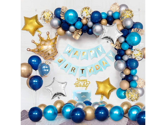 Aperil Blue Gold Birthday Decorations For Men Boys, Happy Party With Crown Foil Balloons Latex Confetti