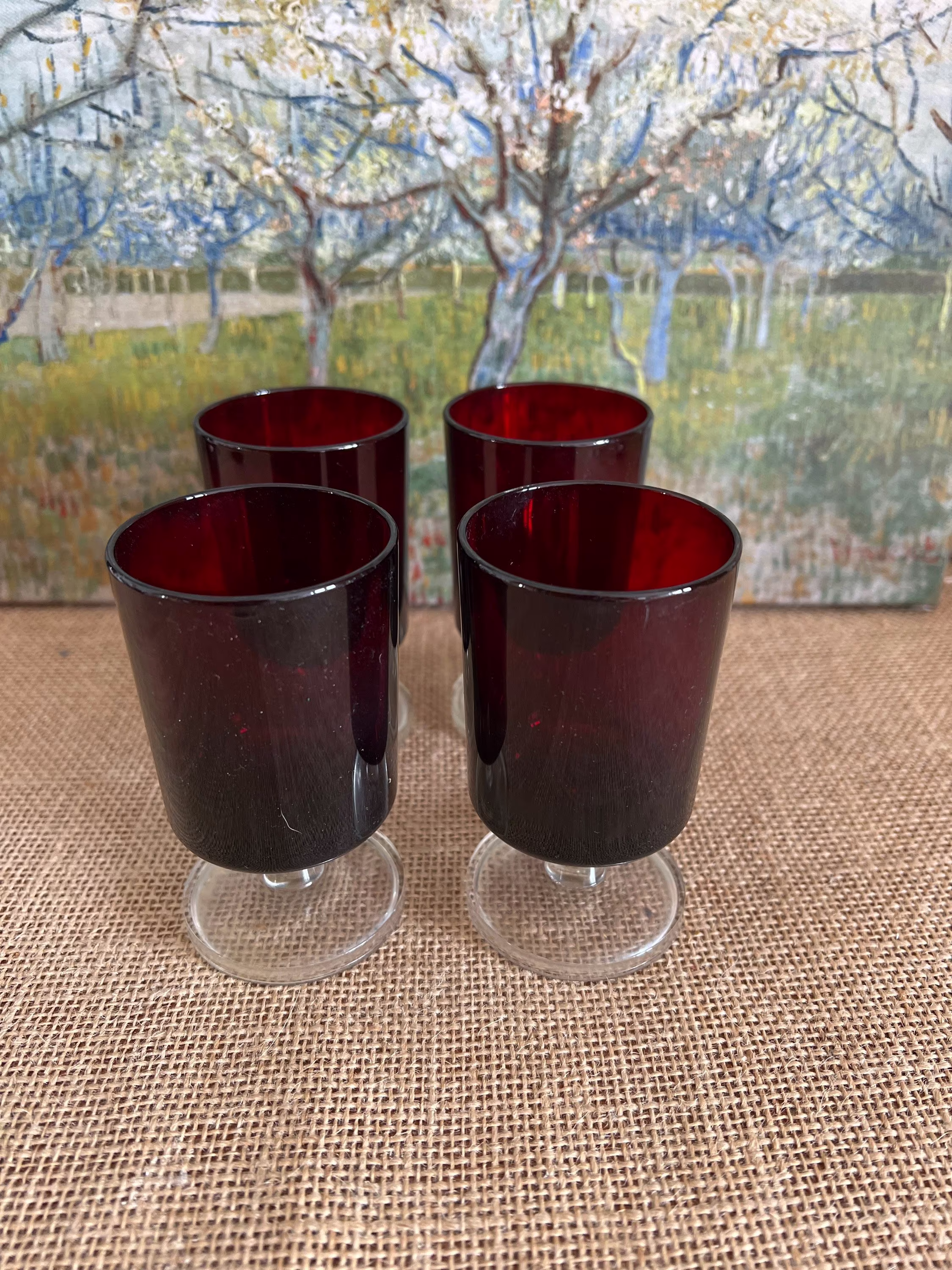 An Original 1950S Set Of 4 Medium Size French Luminarc Cavalier Red Bowl Clear Stem Wine Glasses
