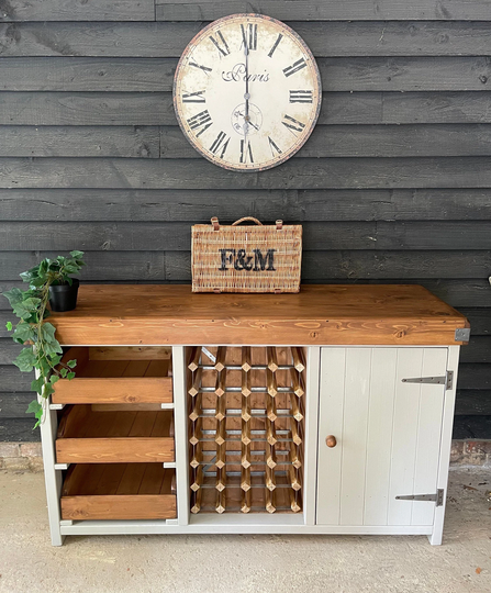 Handmade Butchers Block Style Cabinet/Kitchen Island With Wine Rack Painted in Greige Also Available Black Or Duck Egg Blue