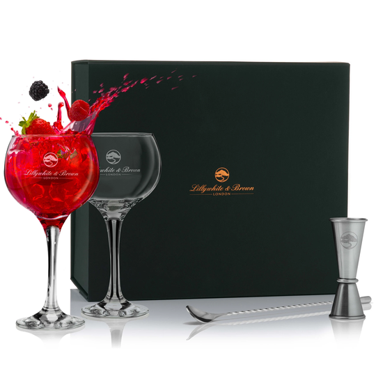 Premium Gin Glasses With Spirit Measure & Cocktail Spoon - Silver Edition Gift Set