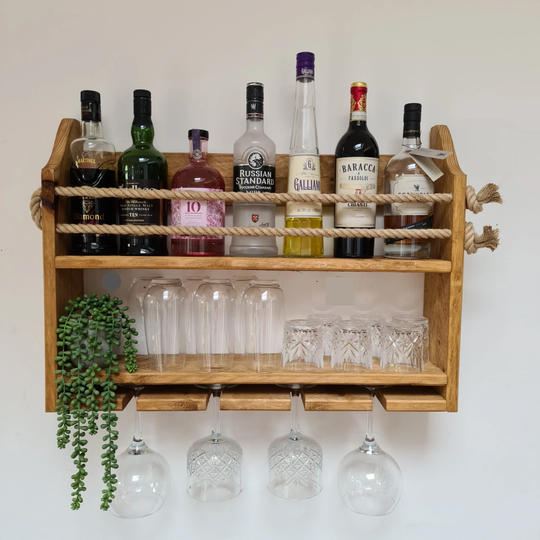 Wooden Drinks Rack, Holds Bottles, Gin Glasses, Hi-Ball Glasses Pint & Whisky Tumblers. Wall Mounted Rustic Wood Choice Of Colours
