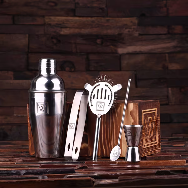 5Pc Cocktail Shaker Mixer Sets With Wood Storage Box
