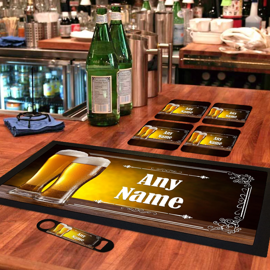 Personalised Bar Runner Mat, Matching Bottle Opener & 4 X Drinks Coasters Gift Set|Accessories For Home Bars|Brs-Ra813-1|Add Any Name/Text