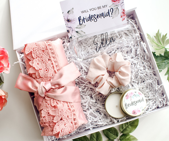 Personalized Bridesmaid Proposal Box in White | Maid Of Honor Gift A4 Gift Box Custom Champagne Glass Dusty Rose Robe With Candle