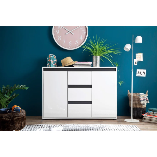 Sideboard with 2 doors, 3 drawers in white, high -gloss white and multi -colored panel.