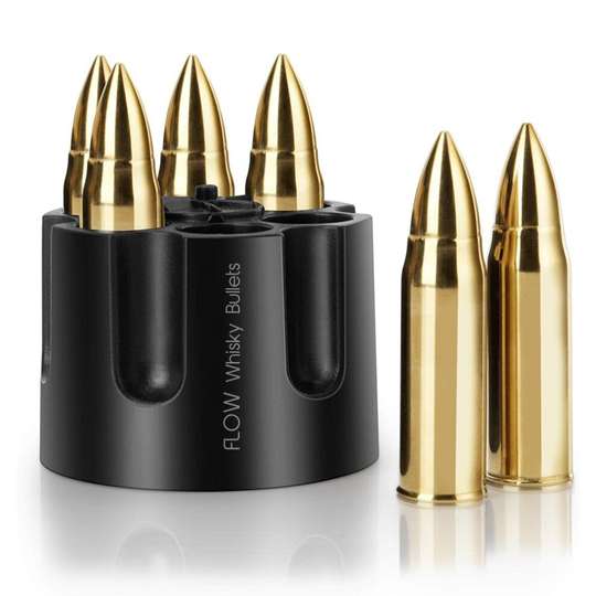 Flow XL Gold Whisky Bullets with Revolver Ammo Storage Holder, Reusable Metal Ice Cubes Shaped Like Bullets