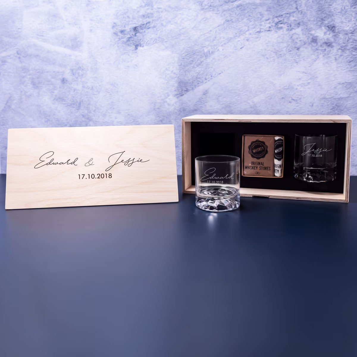 Personalized Whisky Glass Set With Whiskey Stones & Wood Box. Bourbon Gifts For Him. Great Lover Gift