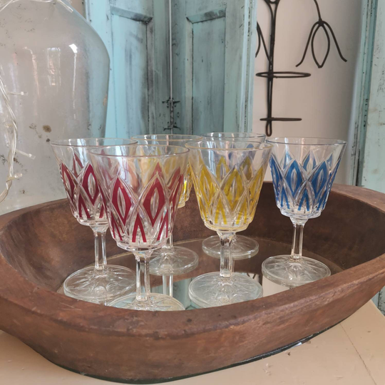 A Colourful Set Of 6 French Wine Glasses. Retro Crystal Cut High Quality Glass Ware From The 70S Bright Rainbow Drink